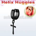 er268cb tiny black steel helix huggie w cross dangling