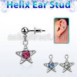 erbd12 316l steel helix ear ball stud w dangling crystal star