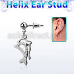 erbd13 316l steel helix ear ball stud w dangling twin dolphin