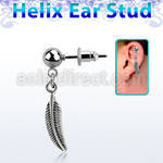 erbd638 316l steel helix ear ball stud w dangling feather