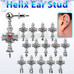 erbd694 steel helix ear stud w dangling cross w skull design