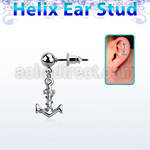 erbd699 steel helix ear stud w dangling plain anchor w rope