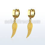erg584 gold steel huggies earrings w dangling bird wing