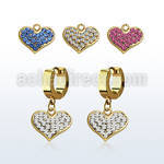 erg705 gold steel huggies earrings w dangling crystal heart