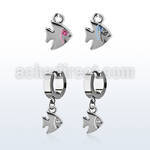 erh445 steel huggies earrings w dangling fish w a crystal eye