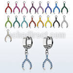 erh669 steel huggies earrings w dangling crystal wish bone