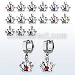 erhcr2 steel huggies earrings w dangling crown w single crystal