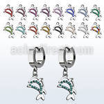 erhdp17 steel huggies earrings w dangling crystal twin dolphins