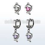 erhz300 steel huggies earrings w dangling dolphin design w cz