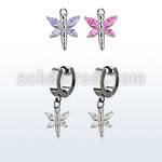 erhz349 steel huggies earrings w dangling dragonfly w cz wings