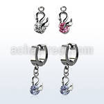erhz376 steel huggies earrings w dangling swan design w round cz