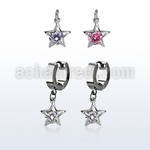 erhz414 steel huggies earrings w dangling star shape w round cz