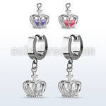 erhz590 stainless steel huggie w dangling crown w cz
