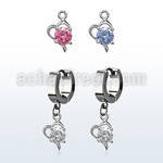erhz9 steel huggies earrings w dangling heart w a big round cz