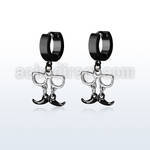 erk507 black steel huggies earrings w dangling black mustache
