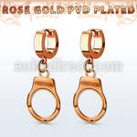 err765 rose gold pvd plated steel huggie w dangling handcuff