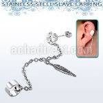 erzdld12 steel slave ear stud w prong cz w dangling feather
