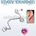 erzdld17 steel slave ear stud w prong cz w dangling heart cz