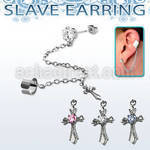 erzdld6 steel slave ear stud w prong cz w dangling cross w cz