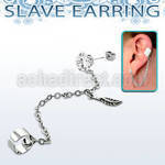 erzdld9 steel slave ear stud w prong cz w dangling feather