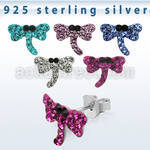 esfd10 dragon fly silver ear studs w ferido glued crystals