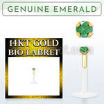 gbige10 bioflex labret with push in 14kt gold w prong emerald