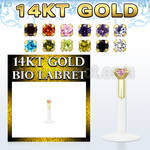 gbilz bioflex labret with push in 14kt gold w prong set cz