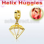 gold stainless steel huggies w a diamond shaped dangling