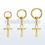 gold steel ball closure ring 14g w a dangling ankh cross 