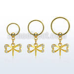 gold steel ball closure ring 16g w dangling dragonfly