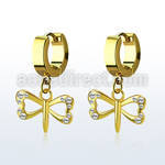 gold steel earrings w small dangling crystal dragonfly
