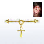 gold steel industrial loop barbell w cone & ankh cross