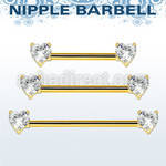 gold steel nipple barbell w prong set heart shaped czs