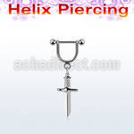 heud11 steel helix stirrup w 16g barbell w 3mm balls & dagger