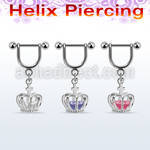 heuz12 316l steel helix stirrup w dangling crown w cz inside