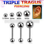 hexab 316l steel triple tragus piercing w 3mm 2 5 5mm ball