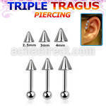 hexbcn 316l steel triple tragus piercing w 3mm 2 5 5mm cone