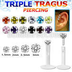 hexgz bioflex triple tragus piercing w prong set cz silver top