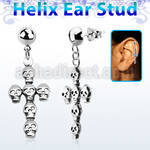 hexvd11 silver helix ear stud w dangling cross formed by skulls