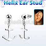 hexvd22 925 silver helix earstud w dangling plain anchor