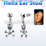 hexvd28 925 silver helix earstud w dangling skull w crossed bone