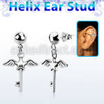 hexvd3 925 silver helix ear stud w dangling star key with wings