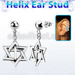 hexvd7 silver helix ear stud w dangling david star with cross