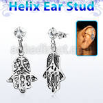 hexzd14 925 silver helix earstud w cz dangling 925 silver hamsa