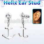 hexzd22 925 silver helix earstud w cz a plain anchor dangling