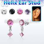 hexzd38 silver helix ear stud w dangling 3mm square prongset cz 