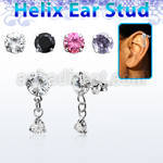 hexzd40 silver helix ear stud w dangling 3mm heart prongset cz 