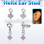hexzd43 silver helix ear stud w dangling flower w cz 