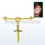 incntd17 gold plated steel industrial loop barbell w cone & dagger