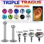lbirc 316l steel labret with bezel set head for triple tragus